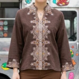 VINTAGE🤎SILK Ann Carson🤎Chocolate Brown Blouse/Jacketwith Rhinestone/Beaded LG